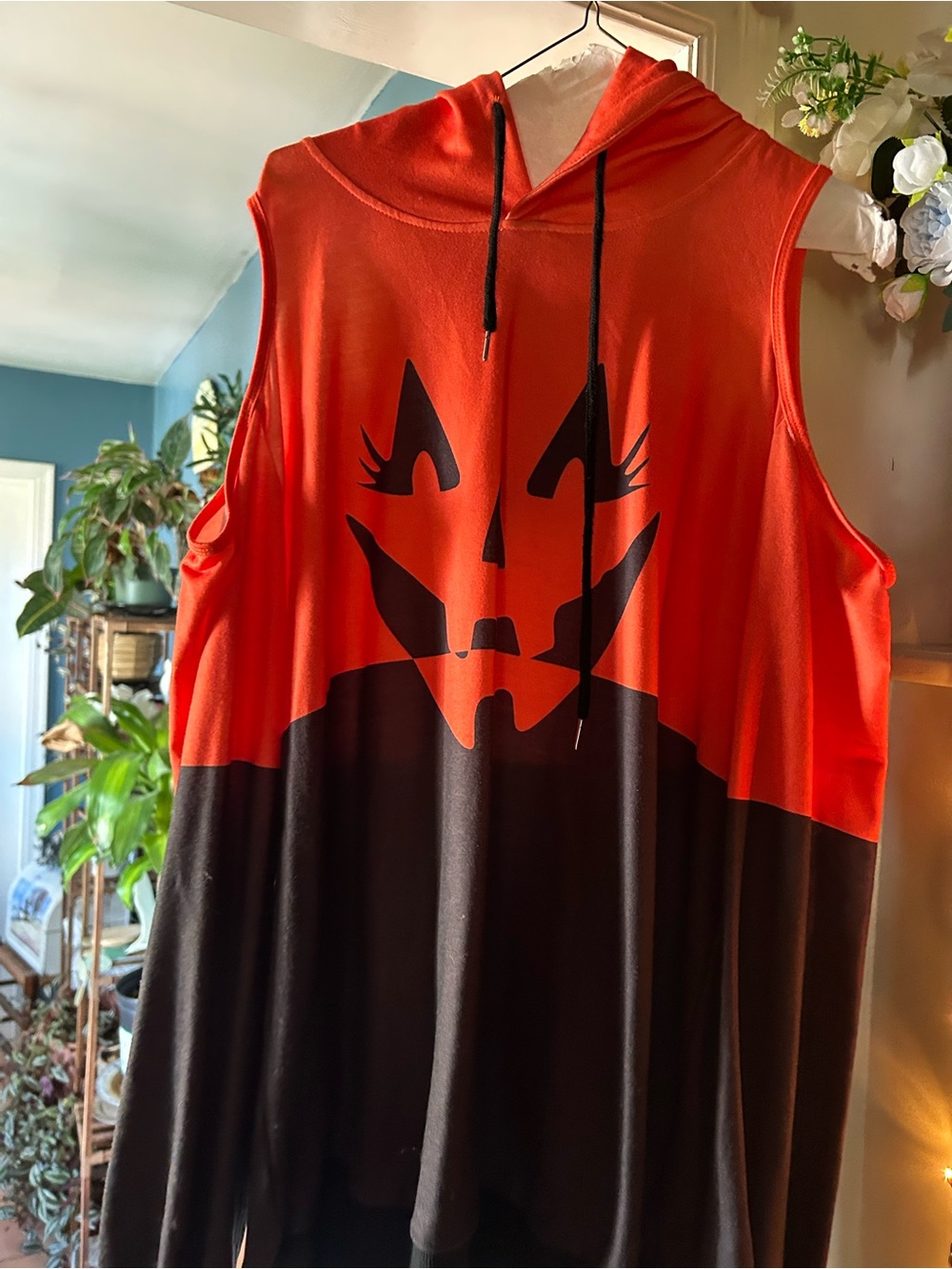 Adult 2x Orange & Black cold shoulder Pumpkin Face Hooded Costume Tunic